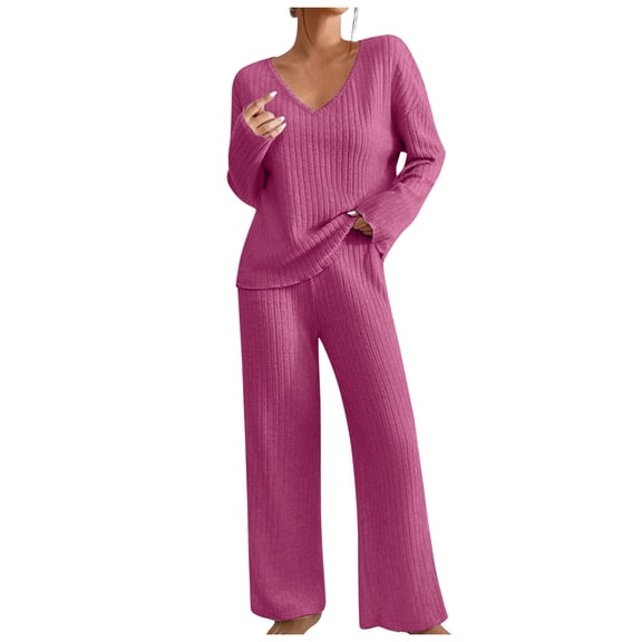 vigerkar 2 Piece Outfits for Women Long Sleeve Vneck Tops and Wide Leg Pants Ribbed Matching Lounge Set (Hot Pink, XL)