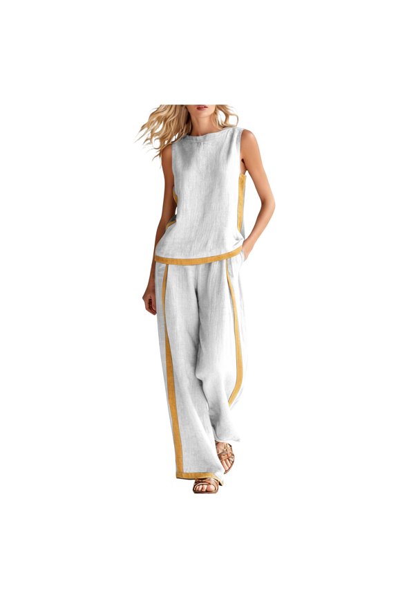 2 Piece Sets Women Color Block Lounge Sets Sleeveless Top Wide Leg Pants Matching Casual Travel (White, XXL)