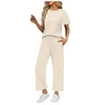 thumbnail image 1 of vigerkar 2 Piece Sets for Women Casual Travel Vacation Outfits Short Sleeve Wide Leg Crop Pants Lounge Sets (Beige, XL), 1 of 8