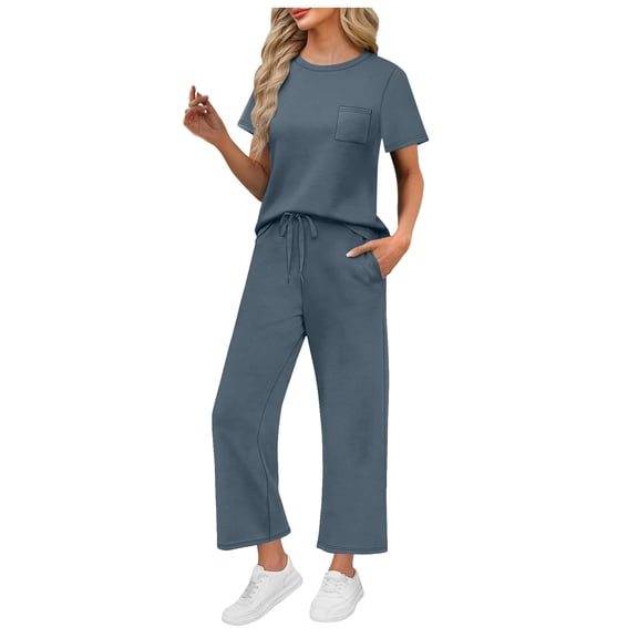 vigerkar 2 Piece Sets for Women Casual Travel Vacation Outfits Short Sleeve Wide Leg Crop Pants Lounge Sets (Blue, XL)