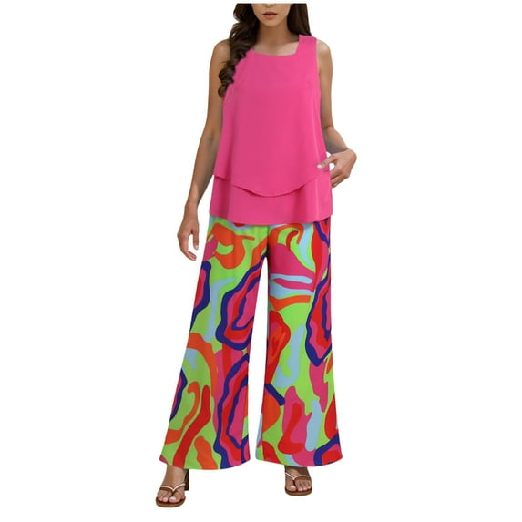vigerkar 2 Piece Sets for Women Square Neck Tops Wide Leg Crop Pants Vacation Summer Travel Outfits Hot Pink, XXL