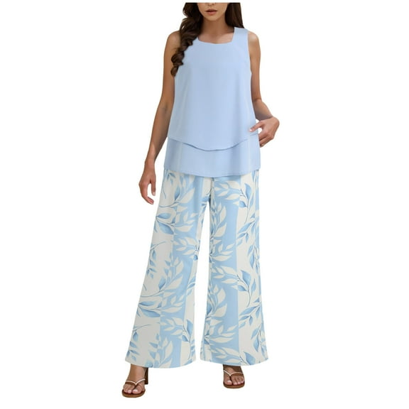 vigerkar 2 Piece Sets for Women Square Neck Tops Wide Leg Crop Pants Vacation Summer Travel Outfits Light Blue, XXL