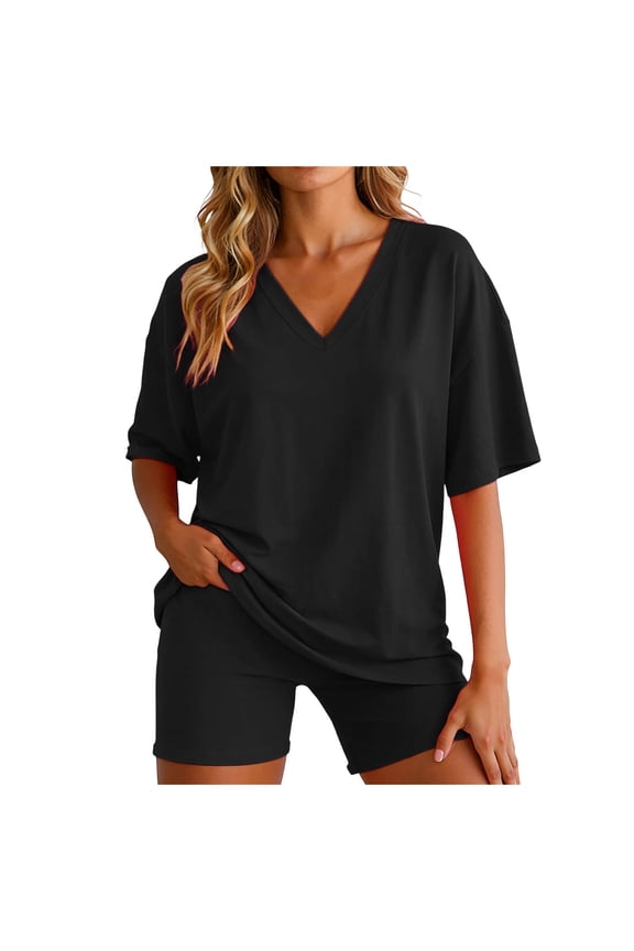 2 Piece Sets for Women Summer 2026 Lounge Short Set Spring Matching Biker Shorts V Neck Oversized Shirt Clothing (Black, M)