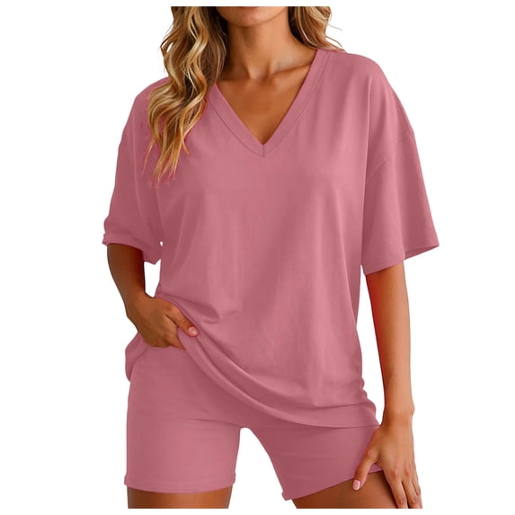 vigerkar 2 Piece Sets for Women Summer 2026 Lounge Short Set Spring Matching Biker Shorts V Neck Oversized Shirt Clothing (Pink, S)