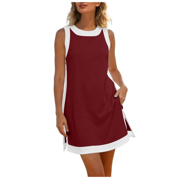 vigerkar 2 Piece Shorts Sets for Women Summer Vacation Color Block Crewneck Sleeveless Tops Boho Mini Dress Matching Set (Red, XXL)