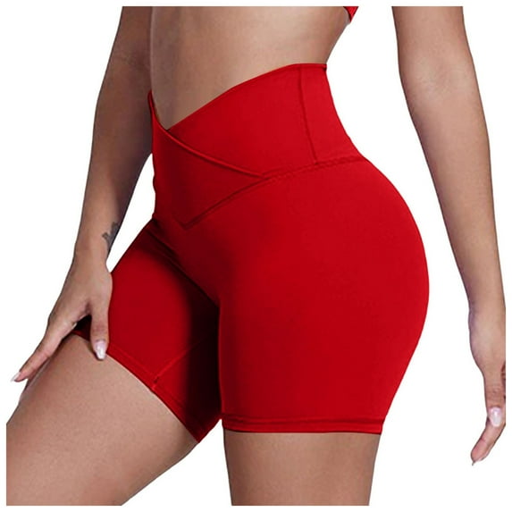 vigerkar 2025 Crossover Biker Shorts for Women, No Front Seam V High Waist Yoga Workout Gym Shorts with Tummy Control Red, M