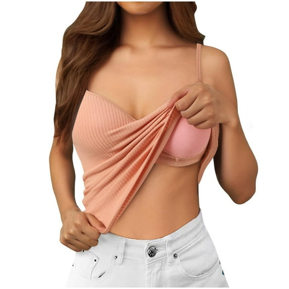 vigerkar 2025 Summer Camisole for Women Built in Bra Wireless Fabric Support Spaghetti Strap Short Cami Orange, L