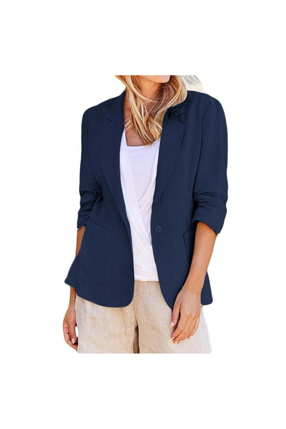 2025 Summer Linen Blazer Women Lightweight 3/4 Stretchy Ruched Sleeve Fully-Lined Casual Work Jacket with Pockets Dark Blue, L