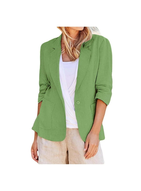 vigerkar 2025 Summer Linen Blazer Women Lightweight 3/4 Stretchy Ruched Sleeve Fully-Lined Casual Work Jacket with Pockets Green, XL