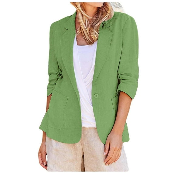 vigerkar 2025 Summer Linen Blazer Women Lightweight 3/4 Stretchy Ruched Sleeve Fully-Lined Casual Work Jacket with Pockets Green, XL
