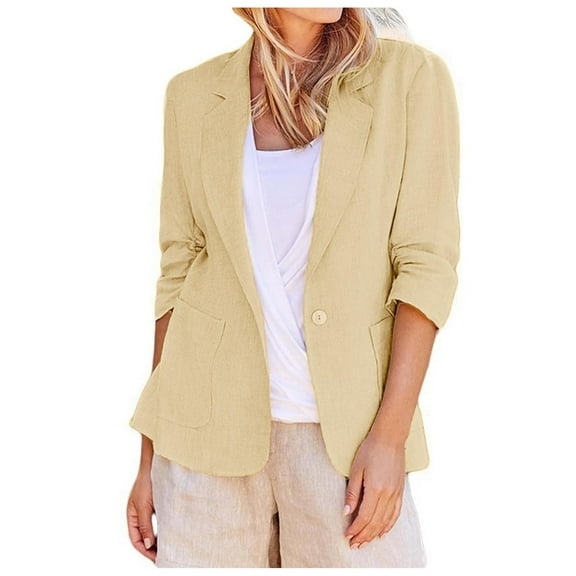 vigerkar 2025 Summer Linen Blazer Women Lightweight 3/4 Stretchy Ruched Sleeve Fully-Lined Casual Work Jacket with Pockets Khaki, L