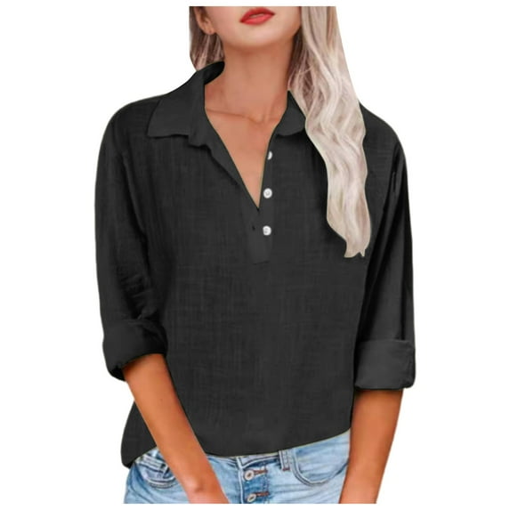 vigerkar 2025 Summer Solid Color Casual Women's Long Sleeve Polo Shirt - Breathable Comfort Stylish Top for Women Black, S