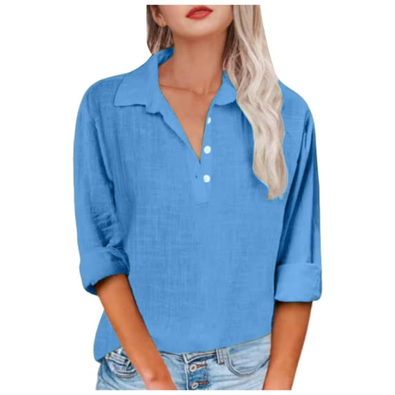 vigerkar 2025 Summer Solid Color Casual Women's Long Sleeve Polo Shirt - Breathable Comfort Stylish Top for Women Blue, XXL