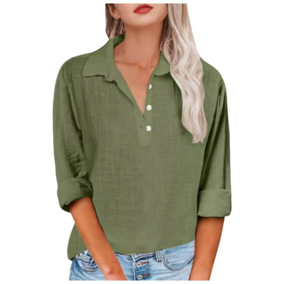 vigerkar 2025 Summer Solid Color Casual Women's Long Sleeve Polo Shirt - Breathable Comfort Stylish Top for Women Green, M