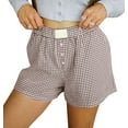 thumbnail image 1 of vigerkar 2025 Summer Women's Casual Loose Fit Cotton Plaid Shorts – Trendy Checkered Bermuda Shorts with Comfortable Elastic Waist Brown, L, 1 of 5