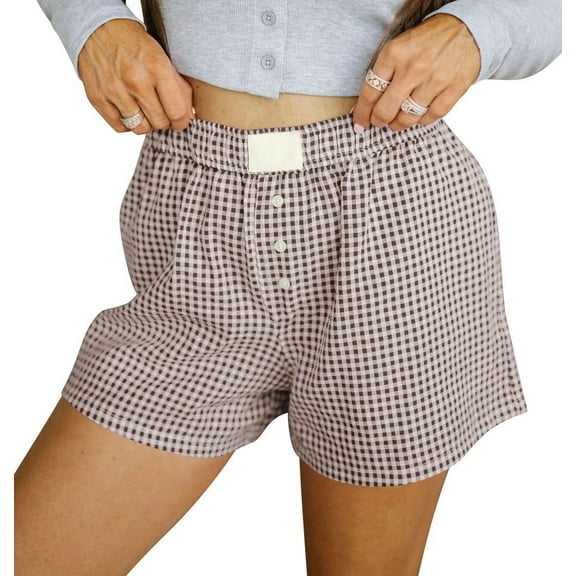 vigerkar 2025 Summer Women's Casual Loose Fit Cotton Plaid Shorts – Trendy Checkered Bermuda Shorts with Comfortable Elastic Waist Brown, L