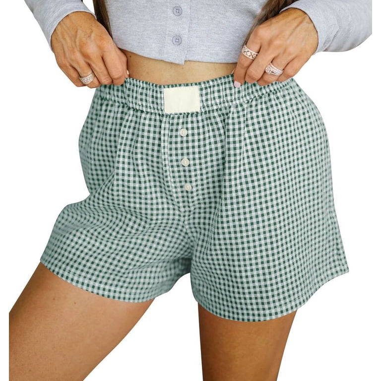 vigerkar 2025 Summer Women's Casual Loose Fit Cotton Plaid Shorts