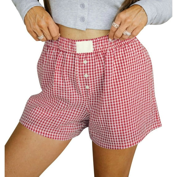 vigerkar 2025 Summer Women's Casual Loose Fit Cotton Plaid Shorts – Trendy Checkered Bermuda Shorts with Comfortable Elastic Waist Red, S