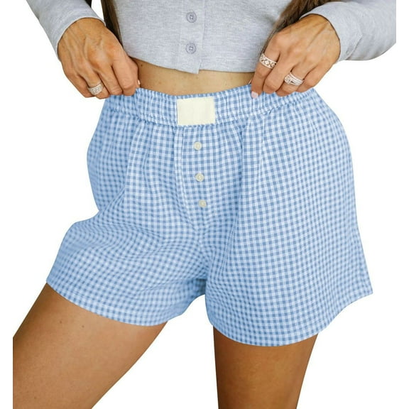 vigerkar 2025 Summer Women's Casual Loose Fit Cotton Plaid Shorts – Trendy Checkered Bermuda Shorts with Comfortable Elastic Waist Sky Blue, M
