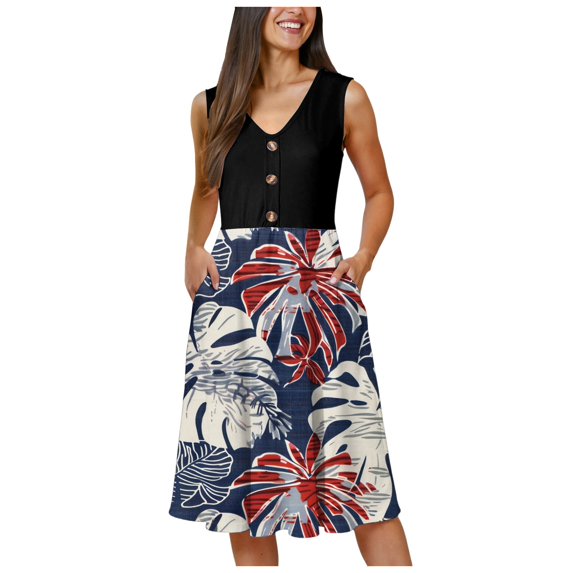vigerkar 2025 Sundresses for Women Summer Casual Faux Wrap Casual A Line Dress SleevelessV Neck Floral Short Tank Dress with Pockets Dark Blue, XL