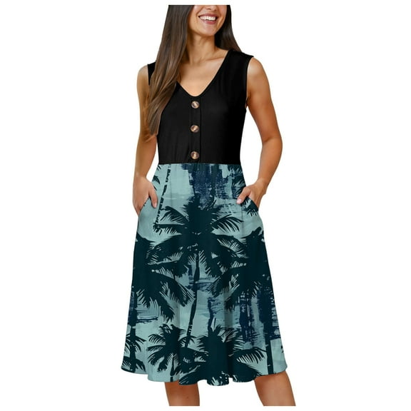 vigerkar 2025 Sundresses for Women Summer Casual Faux Wrap Casual A Line Dress SleevelessV Neck Floral Short Tank Dress with Pockets Dark Green, L