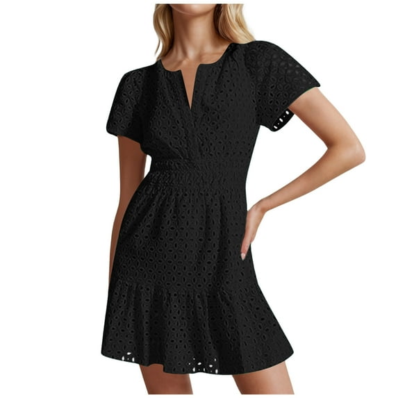 vigerkar 2025 Women Summer Short Dress V Neck Short Sleeve A Line Hollow Out Lace Ruffle Cute Casual Beach Party Dresses Black, L