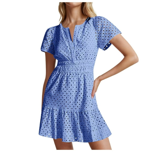 vigerkar 2025 Women Summer Short Dress V Neck Short Sleeve A Line Hollow Out Lace Ruffle Cute Casual Beach Party Dresses Blue, L