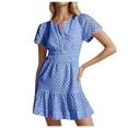 thumbnail image 1 of vigerkar 2025 Women Summer Short Dress V Neck Short Sleeve A Line Hollow Out Lace Ruffle Cute Casual Beach Party Dresses Blue, S, 1 of 9