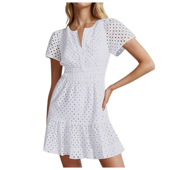 vigerkar 2025 Women Summer Short Dress V Neck Short Sleeve A Line Hollow Out Lace Ruffle Cute Casual Beach Party Dresses White, L