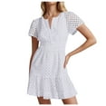 thumbnail image 1 of vigerkar 2025 Women Summer Short Dress V Neck Short Sleeve A Line Hollow Out Lace Ruffle Cute Casual Beach Party Dresses White, S, 1 of 9