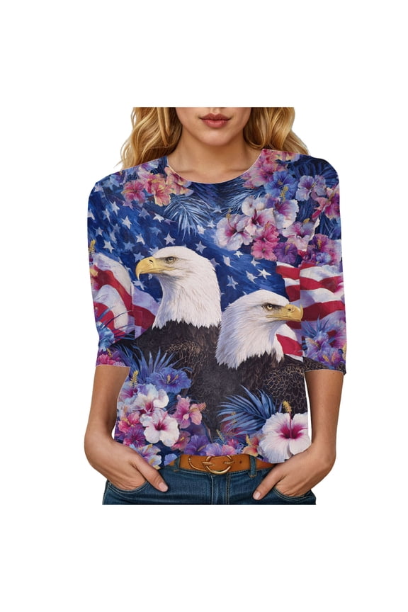 250 Anniversary USA 3/4 Sleeve Shirt for Women 250th Patriotic Shirts Casual American Flag and Stars Print Shirt (Blue, XL)