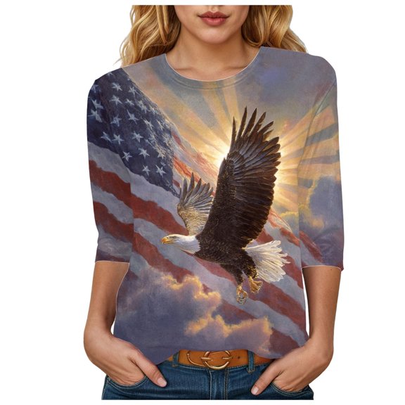 vigerkar 250 Anniversary USA 3/4 Sleeve Shirt for Women 250th Patriotic Shirts Casual American Flag and Stars Print Shirt (Khaki, M)
