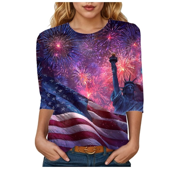 vigerkar 250 Anniversary USA 3/4 Sleeve Shirt for Women 250th Patriotic Shirts Casual American Flag and Stars Print Shirt (Purple, M)