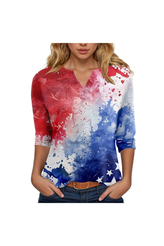 250 Anniversary USA Shirts Women 3/4 Sleeve Funny July 4Th Tshirts Button Down Henley V Neck Summer Casual Tops 2026 (Wine, S)