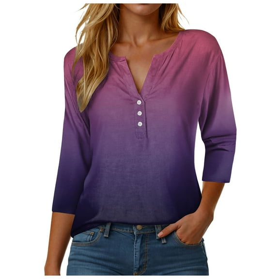 vigerkar 3/4 Length Sleeve Womens Tops Button Down Summer V Neck Blouses Dressy Fashion Gradient-Print Clothes Purple, 3XL