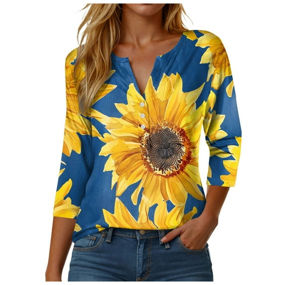vigerkar 3/4 Length Sleeve Womens Tops Button Down Summer V Neck T Shirts Plus Size Blouses Casual Cute Print Trendy Tees Blue, L