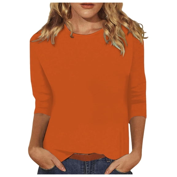 vigerkar 3/4 Length Sleeve Womens Tops Casual Loose Fit Crewneck T Shirts Cute Solid Casual Tunic Tops Orange, XL