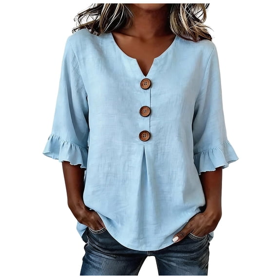vigerkar 3/4 Length Sleeve Womens Tops Cotton Linen V Neck T Shirts Summer Beach Casual Boho Three Quarter Sleeve Tops (Sky Blue, 3XL)