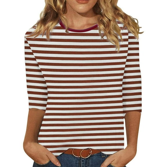 vigerkar 3/4 Length Sleeve Womens Tops Summer Three Quarter Striped Shirts Dressy Casual Printed Tunic Tops Women Blouses Coffee, M