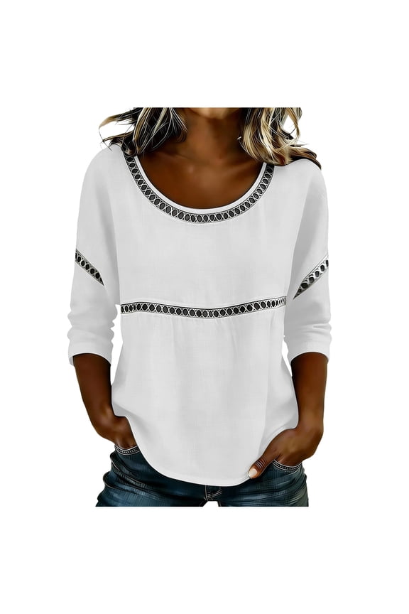 3/4 Sleeve Length Tops for Women Lace Patch Casual Dressy Blouses Trendy Shirts Round Neck Loose Fit Tunic Top (White, XXL)
