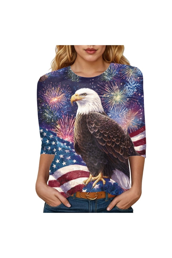 3/4 Sleeve Plus Size Patriotic Tops for Women USA Flag 4Th July American Red White Blue Star Stripe T-Shirt Plus Size (Blue, 3XL)