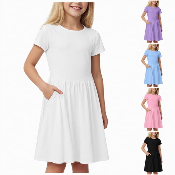 vigerkar 4-14 Years Girl's Summer Dresses Short Sleeve Loose Solid Color Casual A Line Comfortable Dress with Pockets (White, 11-12 Years)