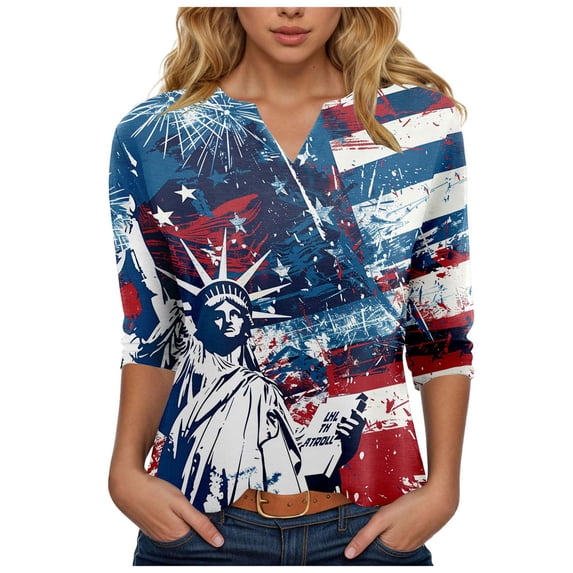 vigerkar 4th of July Outfits for Women American Flag Stars and Stripes Print V Neck 3/4 Sleeve T Shirts Ladies Patriotic Tops (Blue, L)