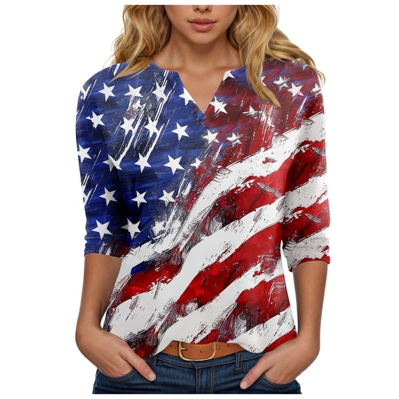 vigerkar 4th of July Outfits for Women American Flag Stars and Stripes Print V Neck 3/4 Sleeve T Shirts Ladies Patriotic Tops (Red, S)