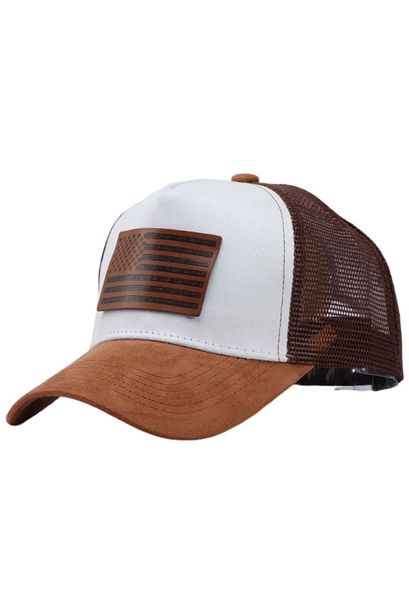 American Flag Leather Patch Trucker Baseball Cap, Suede Front Mesh Back Hat, Men Women (Coffee, One Sizeļ¼