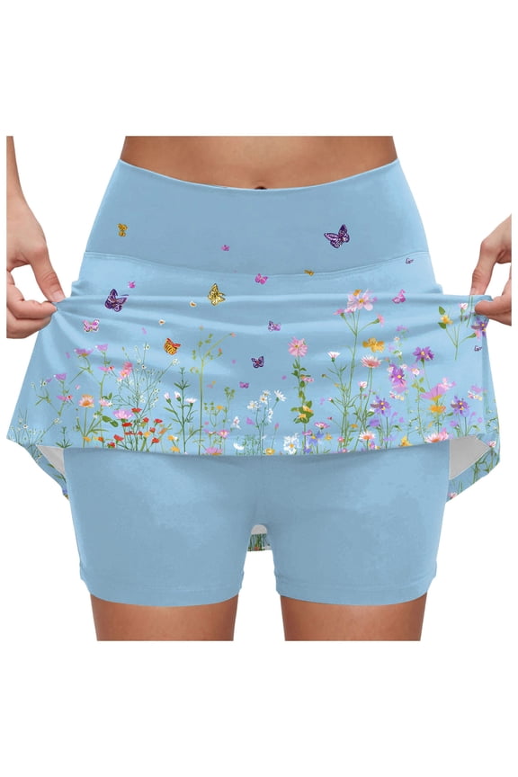 Athletic Skorts Women with Pockets Size High Waist Golf Tennis Skirt Tummy Control Summer Floral Print Short (Light Blue, M)