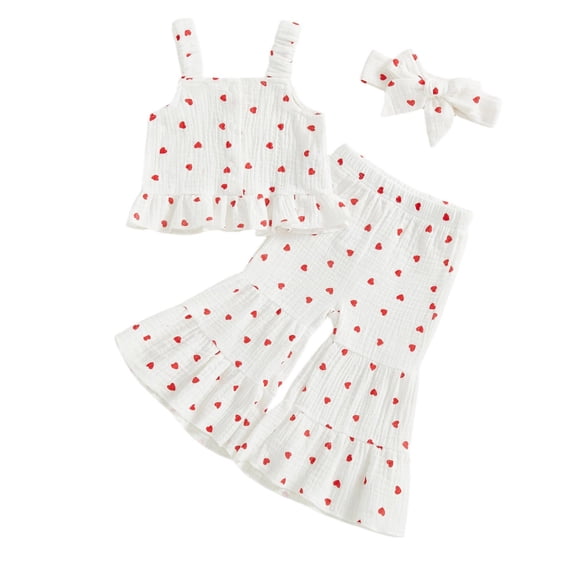 vigerkar Baby Girl Cute Heart Print Sleeveless Strap Tank Tops Elastic Waist Flare Pants Toddler Summer Outfits (White, 12-18 Months)