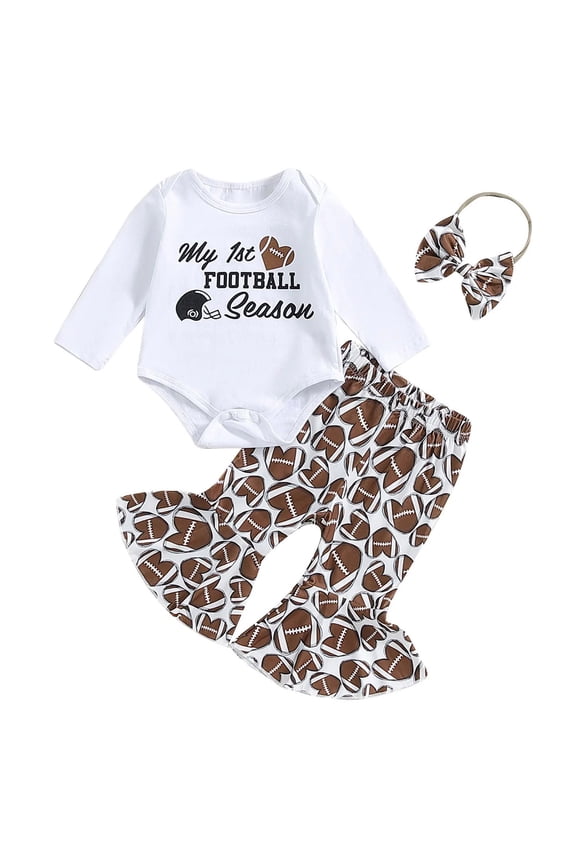 Baby Girl Football Outfit Romper Football Romper Onesie+Football Flare Pant Bell Bottom Set Newborn Fall Spring Clothes (Coffee, 3-6 Months)