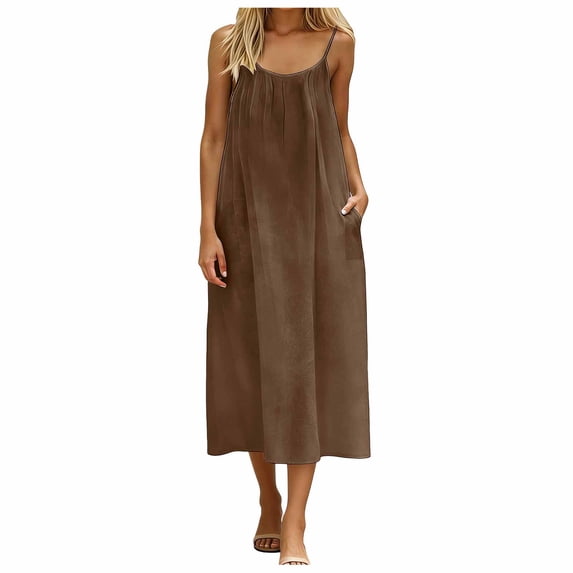 vigerkar Backless Cami Dresses for Women Sleeveless Open Back Lounge Linen Dress Beach Vacation Maxi Sundress with Back Tie (Coffee, XL)