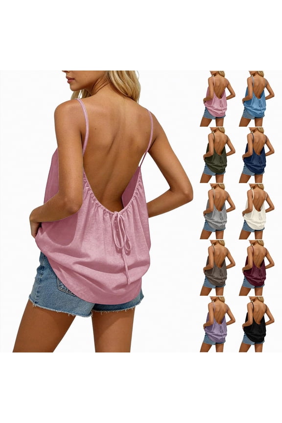 Backless Top Women 2026 Summer Fashion Linen Pleated Flowy Sleeveless Blouses Casual Cami Tank Tops Tee with Back Tie (White, XXL)